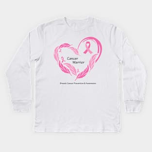 Breast cancer warrior with feathers, ribbons & black type Kids Long Sleeve T-Shirt